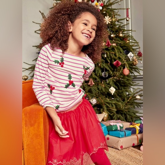 Boden Girls Fun Festive Breton with sparkly holly and pom pom berries. - Picture 3 of 9